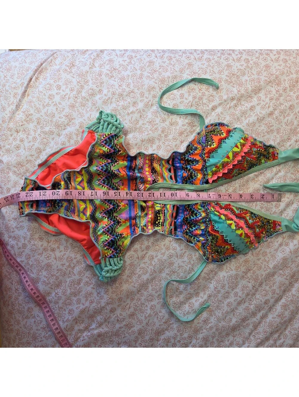 Vintage Y2K Beaded Geometric Print Swimsuit Boho Tropical Halter Deep Plunge